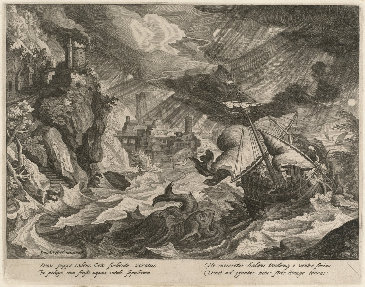 Jonah smidt i det stormfulde hav af Justus Sadeler after Paul Bril