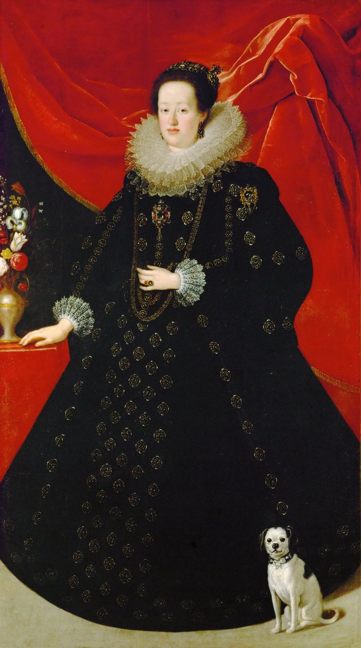 Eleanor af Gonzaga (eller af Mantua) - Portræt af Eleonora Gonzaga (1598-1655), i sort kjole, af Sustermans, Justus (Giusto) (1597-1681). Olie på lærred, ca 1624. Mål: 207x108 cm. Kunsthistorisk Museum, Wien af Justus Sustermans