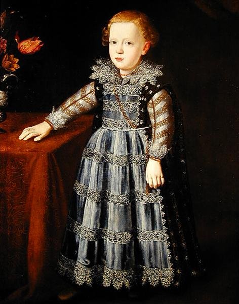 Portræt af et barn, der står ved et bord (olie på panel) af Justus Sustermans