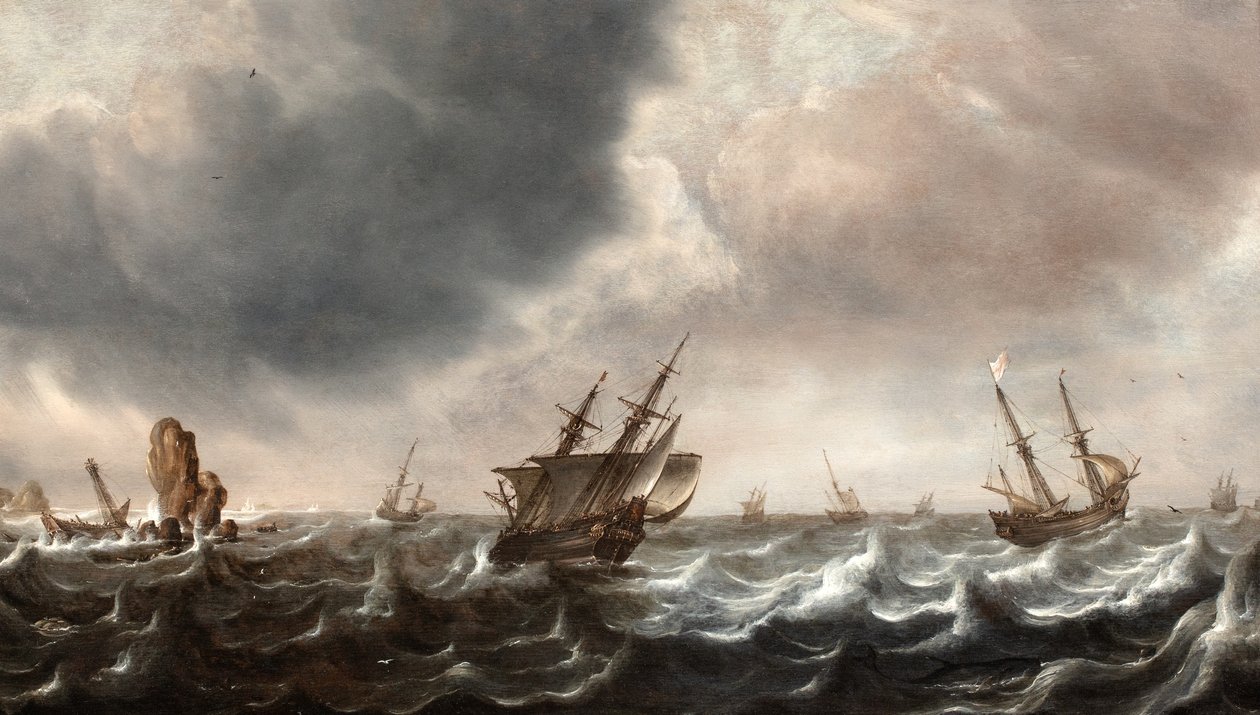 Forsendelse i Choppy Seas med en hval i forgrunden af Justus de Verwer