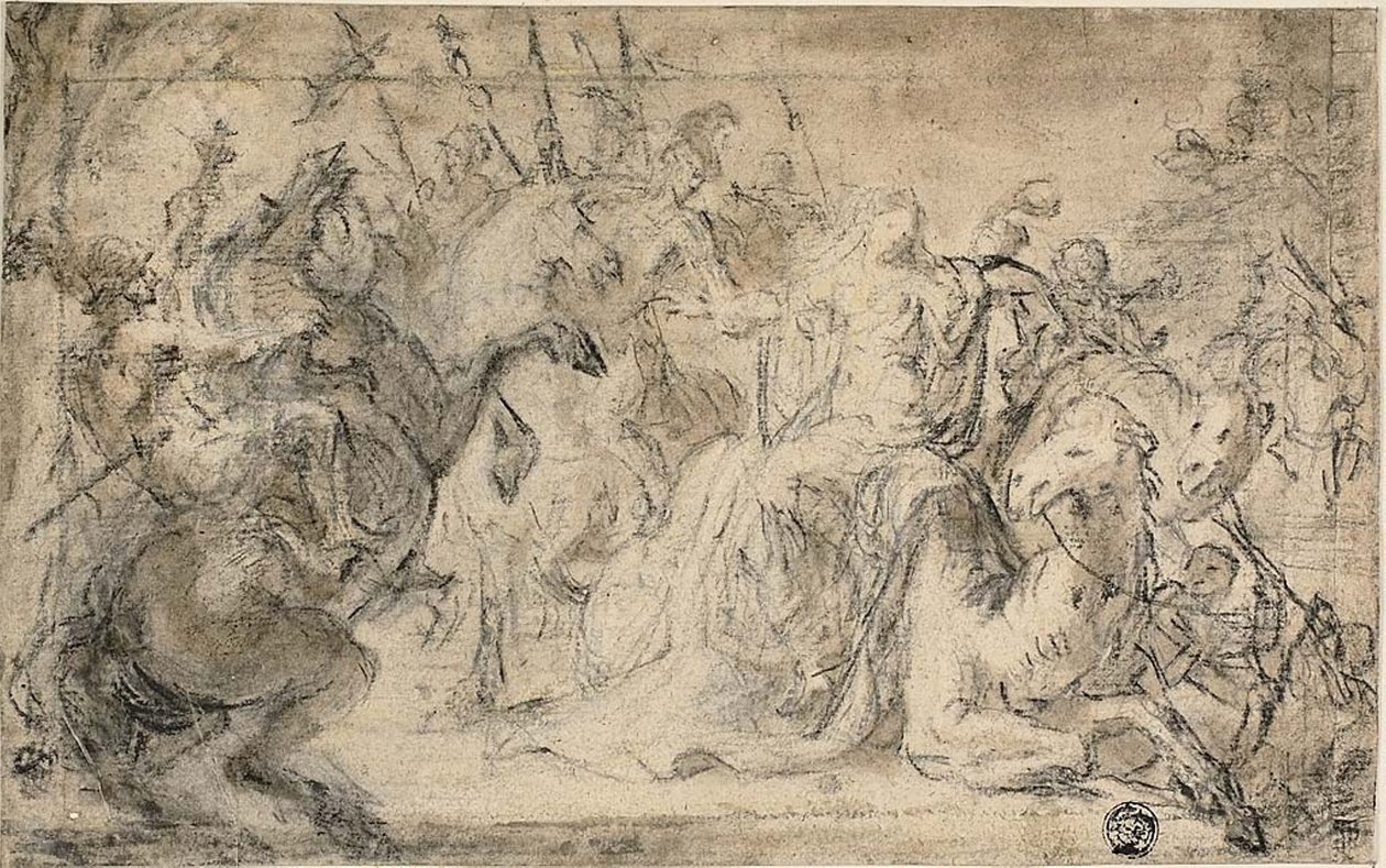Zenobia omgivet af beredne soldater af Justus van Egmont