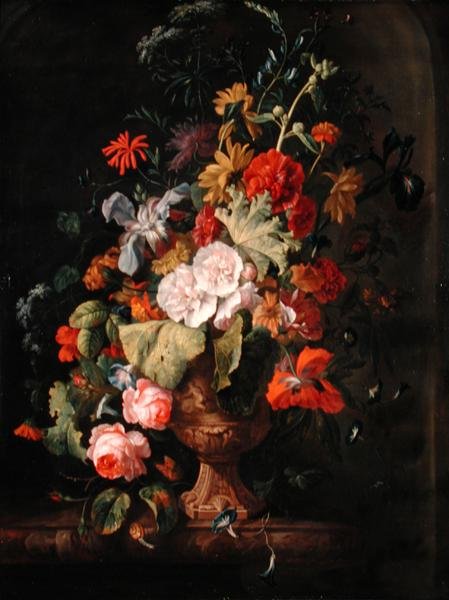 Vase med blomster (olie på lærred) af Justus van Huysum