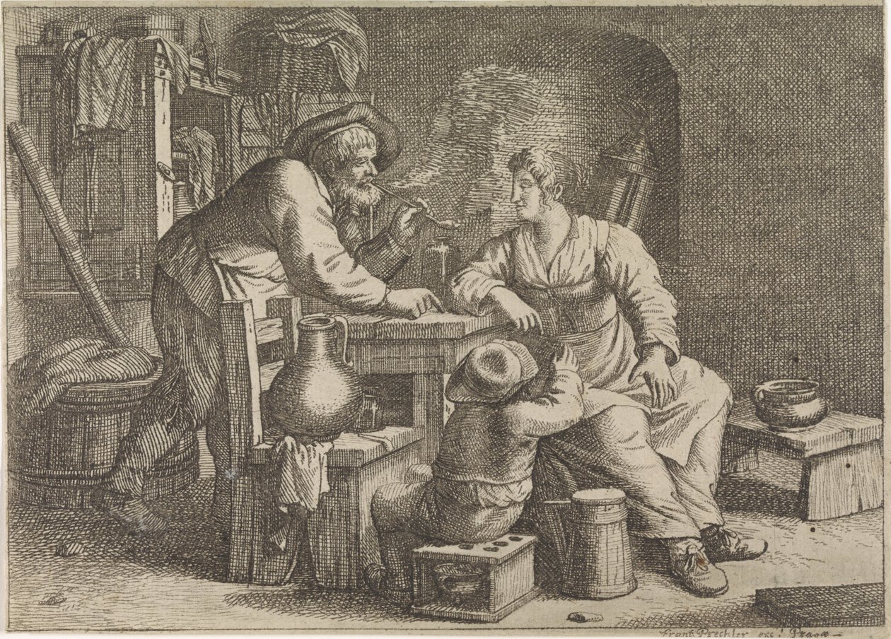 Interiør med en rygende bonde, en kvinde og en dreng af Justus van den Nijpoort