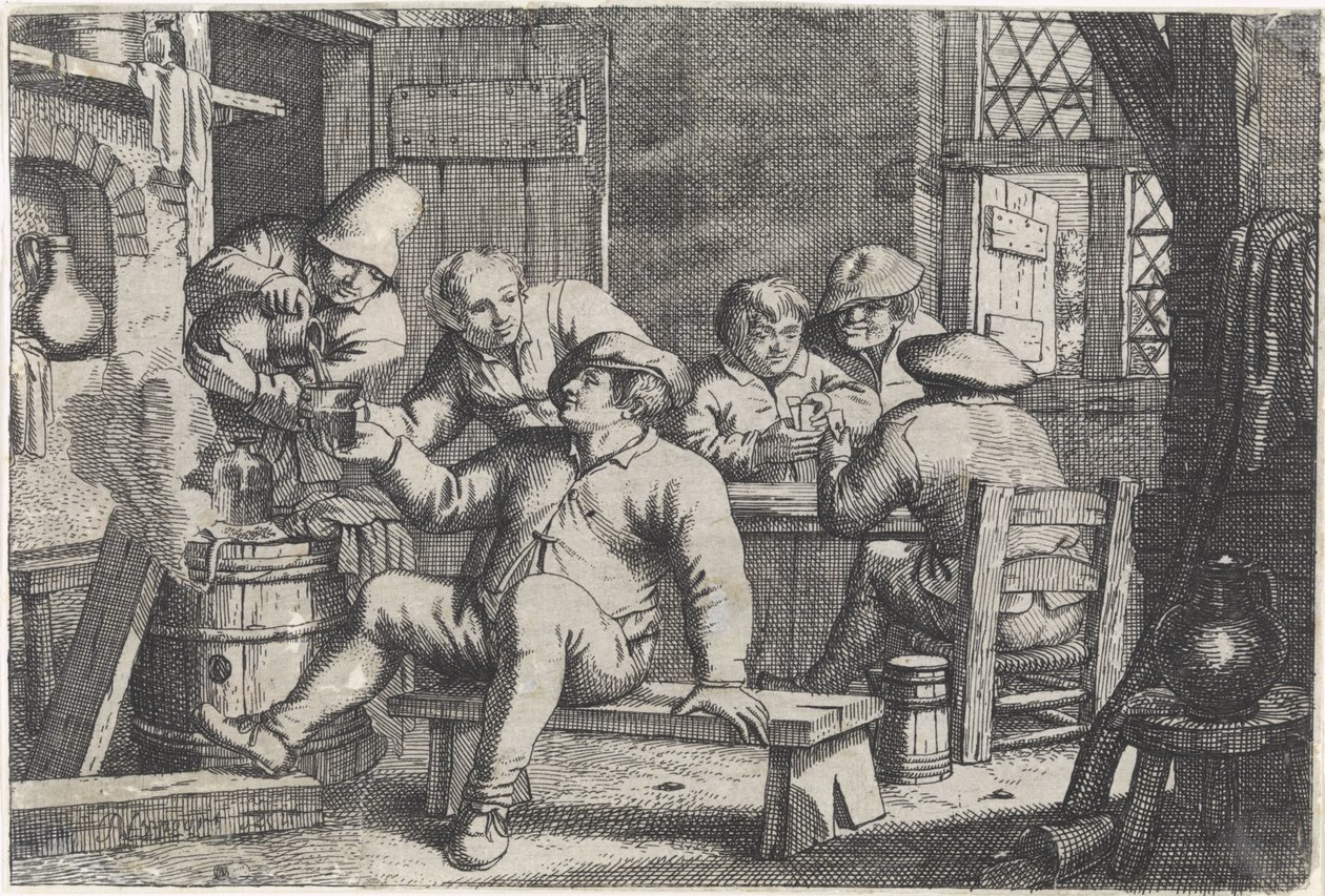 Interiør med landmænd, der spiller kort af Justus van den Nijpoort