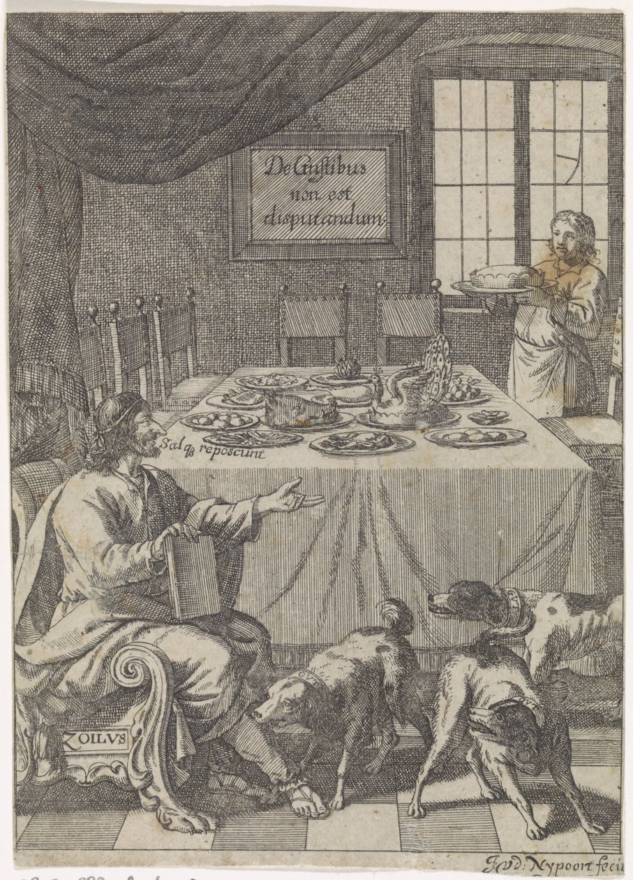 Zoilus sidder ved et dækket bord De Gustibus non est disputandum (titel på objekt) af Justus van den Nijpoort