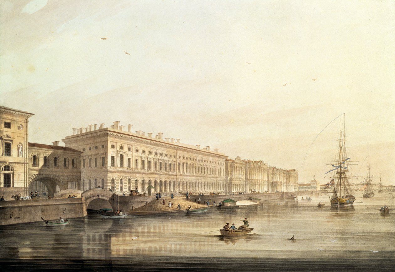 Udsigt over paladsdæmningen, indgraveret af Karl Petrovich Beggrov (1799-1875), 1826 (litho med wc) af K. and Shiflard, S. Sabat
