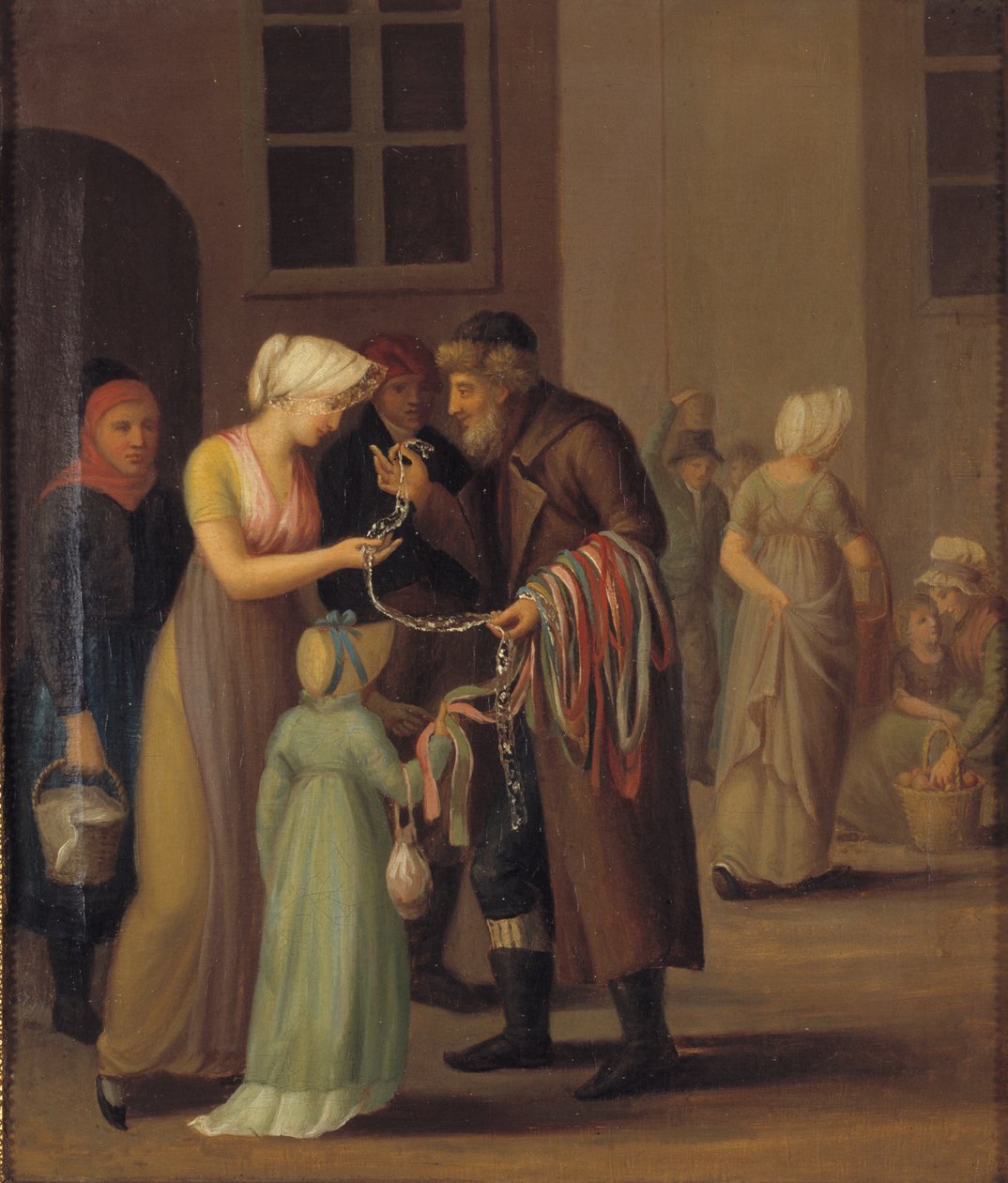 Gadescene i København ved år 1800. Piskebåndsjøden sælger en knipling til en ung pige af KMS 3007 Ubekendt