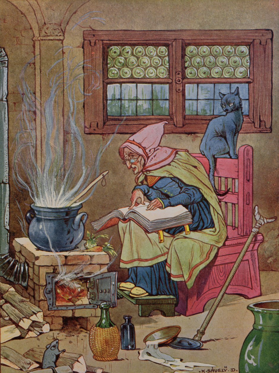 Heks, illustration fra en bog med fortællinger, ca. 1910-20 (farvestik) af K. Savely Dezso