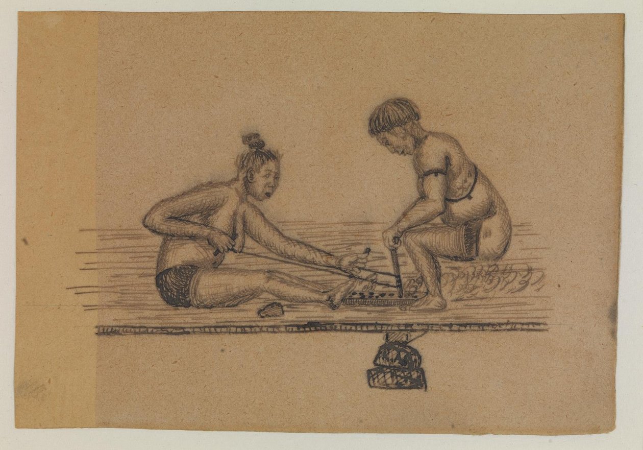 Illustration til en inuitlegende (to nøgne personer laver ild) af Kaarale Andreassen