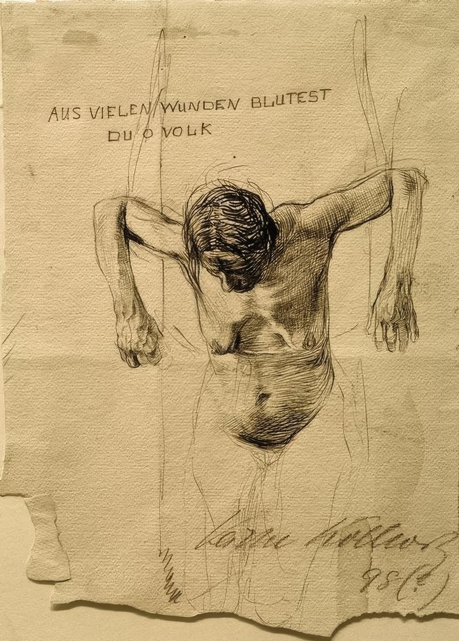 Nøgenundersøgelse til ætsning Du bløder fra mange sår, mennesker af Käthe Kollwitz