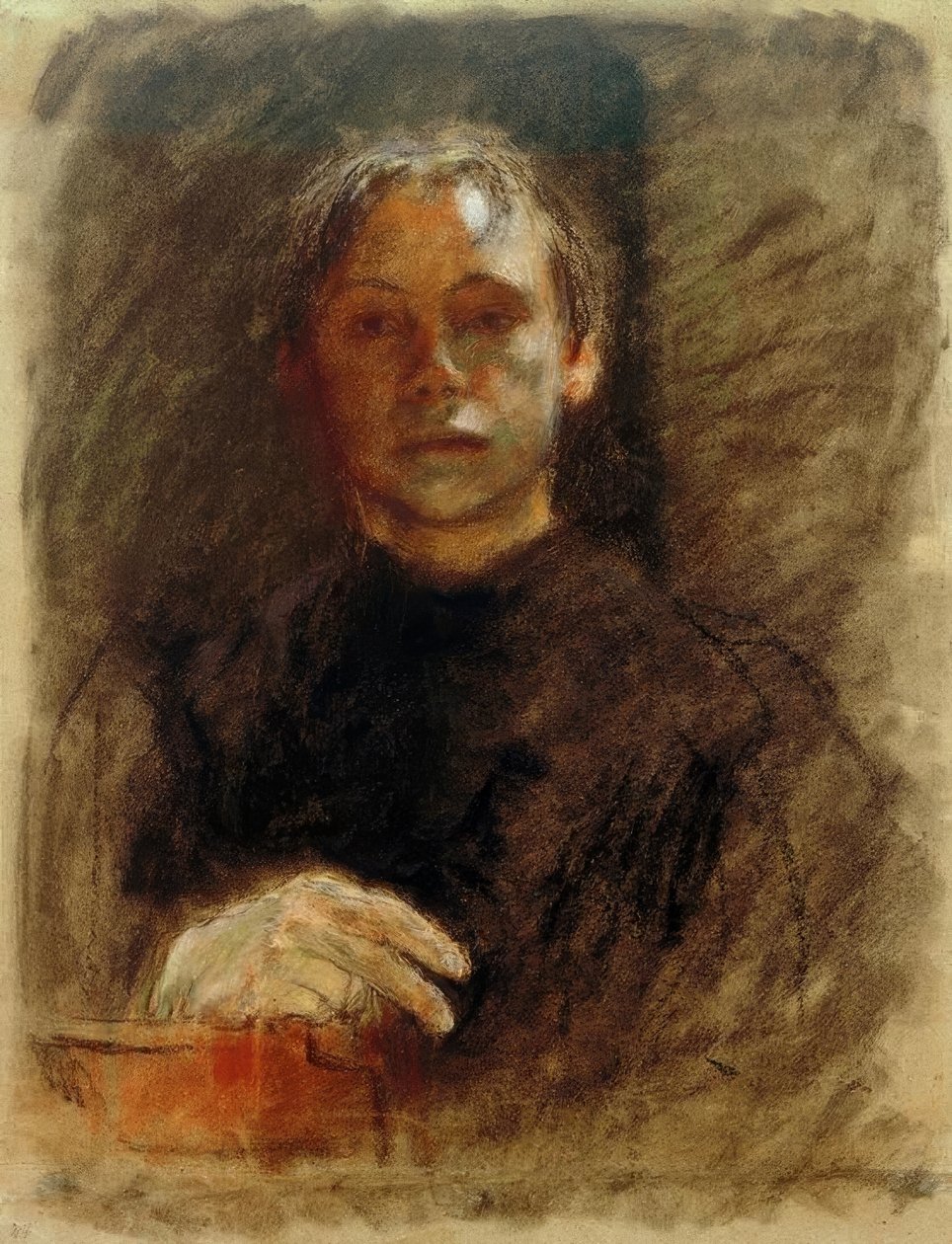 Käthe Kollwitz, selvportræt i ansigt med højre hånd af Käthe Kollwitz