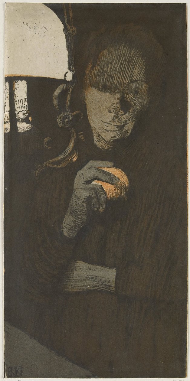 Portræt af en ukendt kvinde med orange ved en lampe Frau mit Orange (original titel) af Käthe Kollwitz