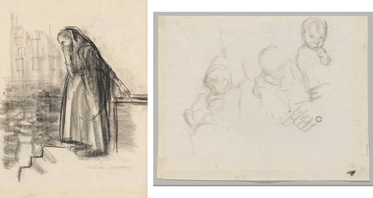 Gravid kvinde overvejer selvmord (recto) Tre undersøgelser af et barn (verso) af Käthe Kollwitz