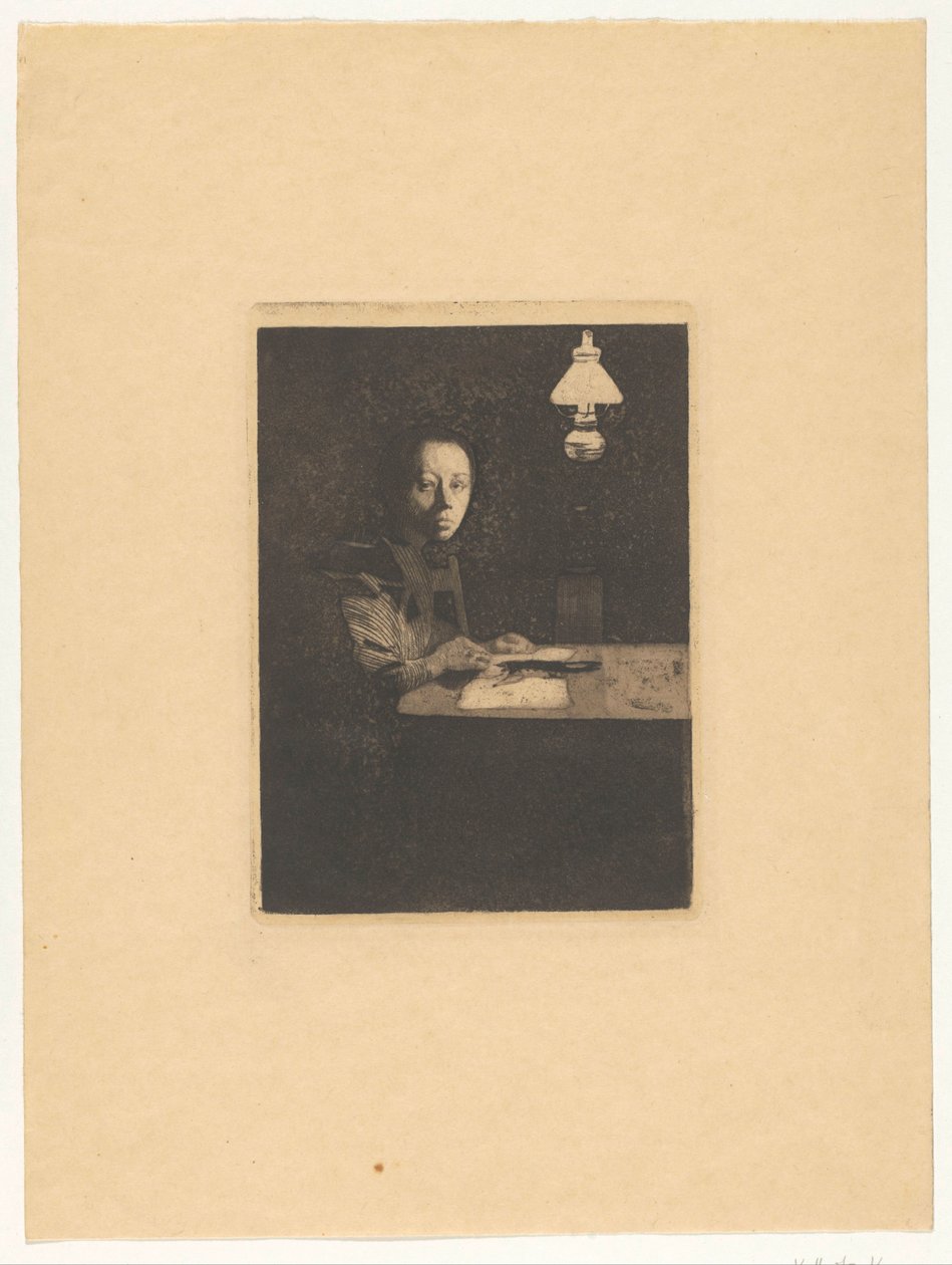 Portræt af en celle på bordet Selvportræt ved bordet (original titel) af Käthe Kollwitz