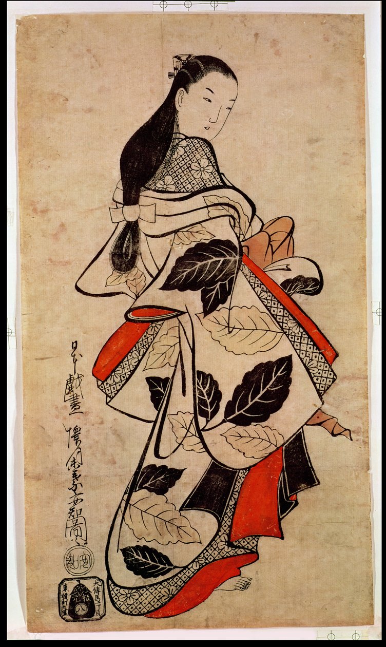 Stående kurtisane, pub. 1710, (kakemono-e størrelse, håndfarvet træbloktryk) af Kaigetsudo Anchi