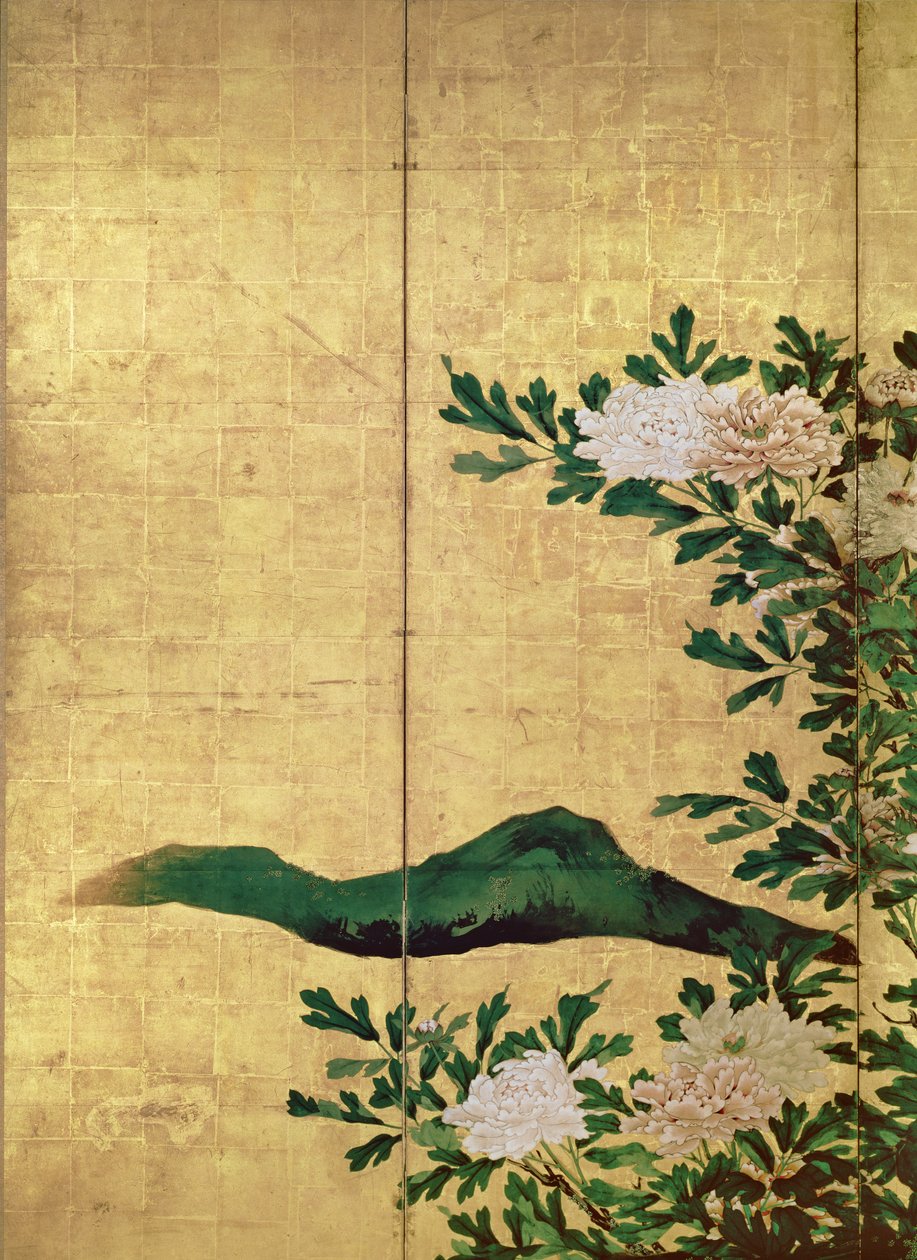 Detalje af blomster (blæk, farver og guld på papir) af Kaiho Yusho