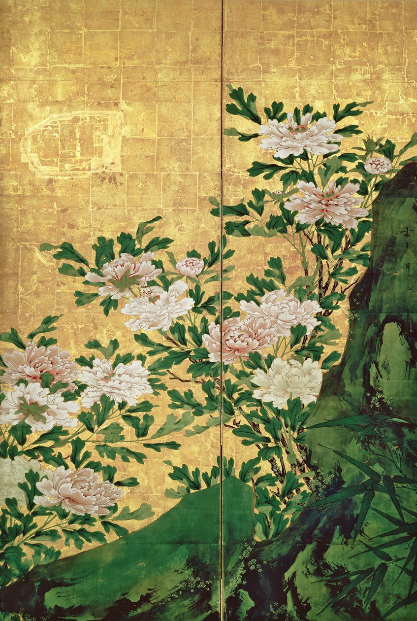 Detalje af blomster (blæk, farver og guld på papir) af Kaiho Yusho