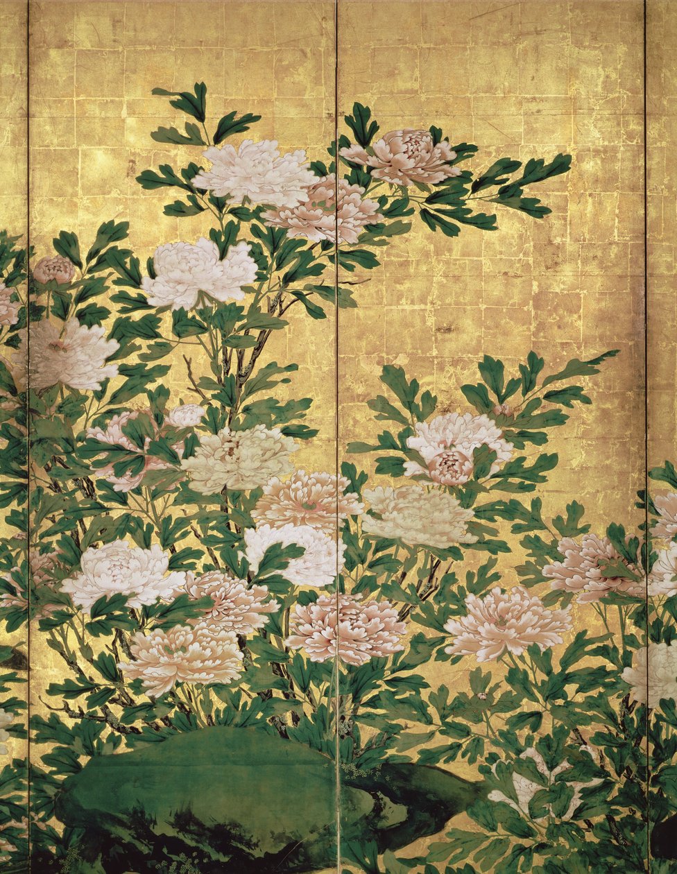 Detalje af blomster blæk, farver og guld på papir af Kaiho Yusho