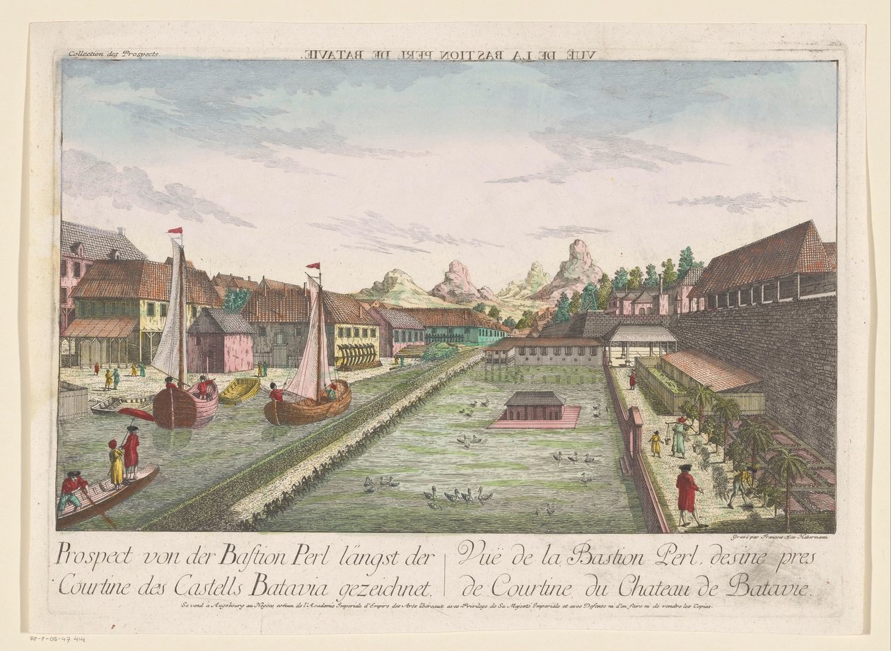 Udsigt over hjørnebastionen Parel, en del af Batavia Slot Prospect von der Bastion Perl langst der Courtine des Castells Batavia gezeichnet (titel på objekt) af Kaiserlich Franziskische Akademie