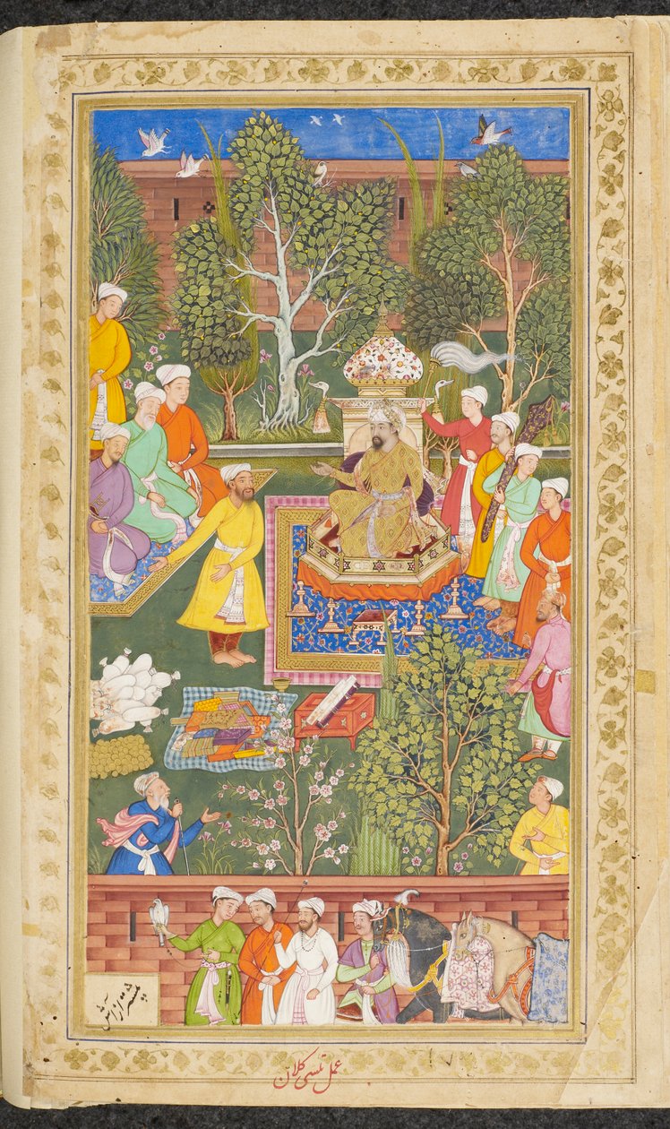 Eller. 3714 Vol.4 fol.491v En fest med deltagelse af usbekiske, hinduistiske og kizilbash-udsendinge, der bragte gaver og penge til Babur, fra 
