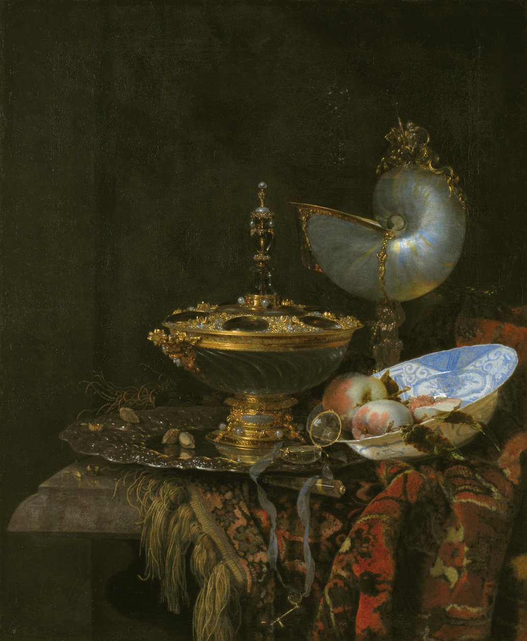 Pronk Still Life med Holbein skål, Nautilus kop, glasbæger og frugtfad af Kalf