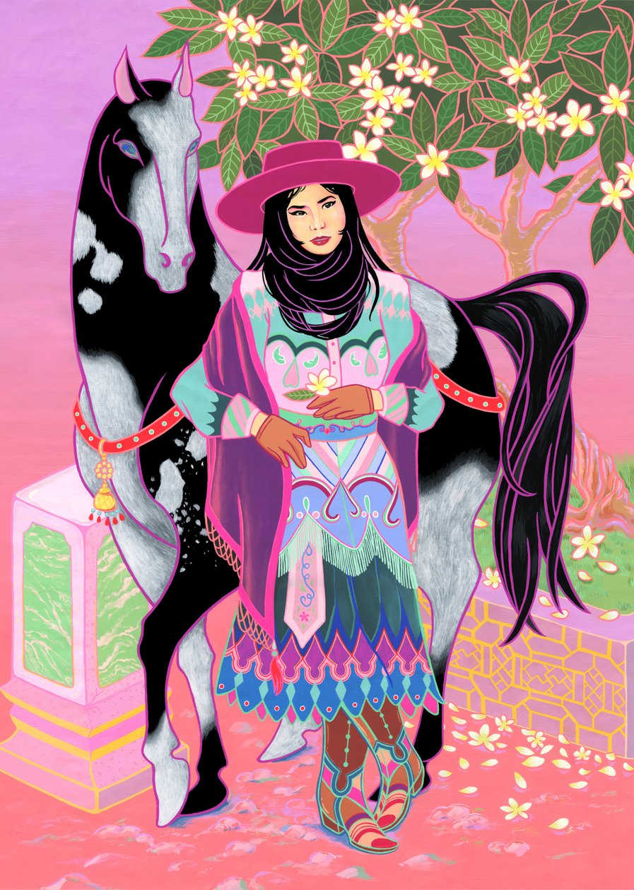 Cantones Cowgirl Waiting Under Plumeria, 2020 (akryl på bomuld) af Kam Tsz