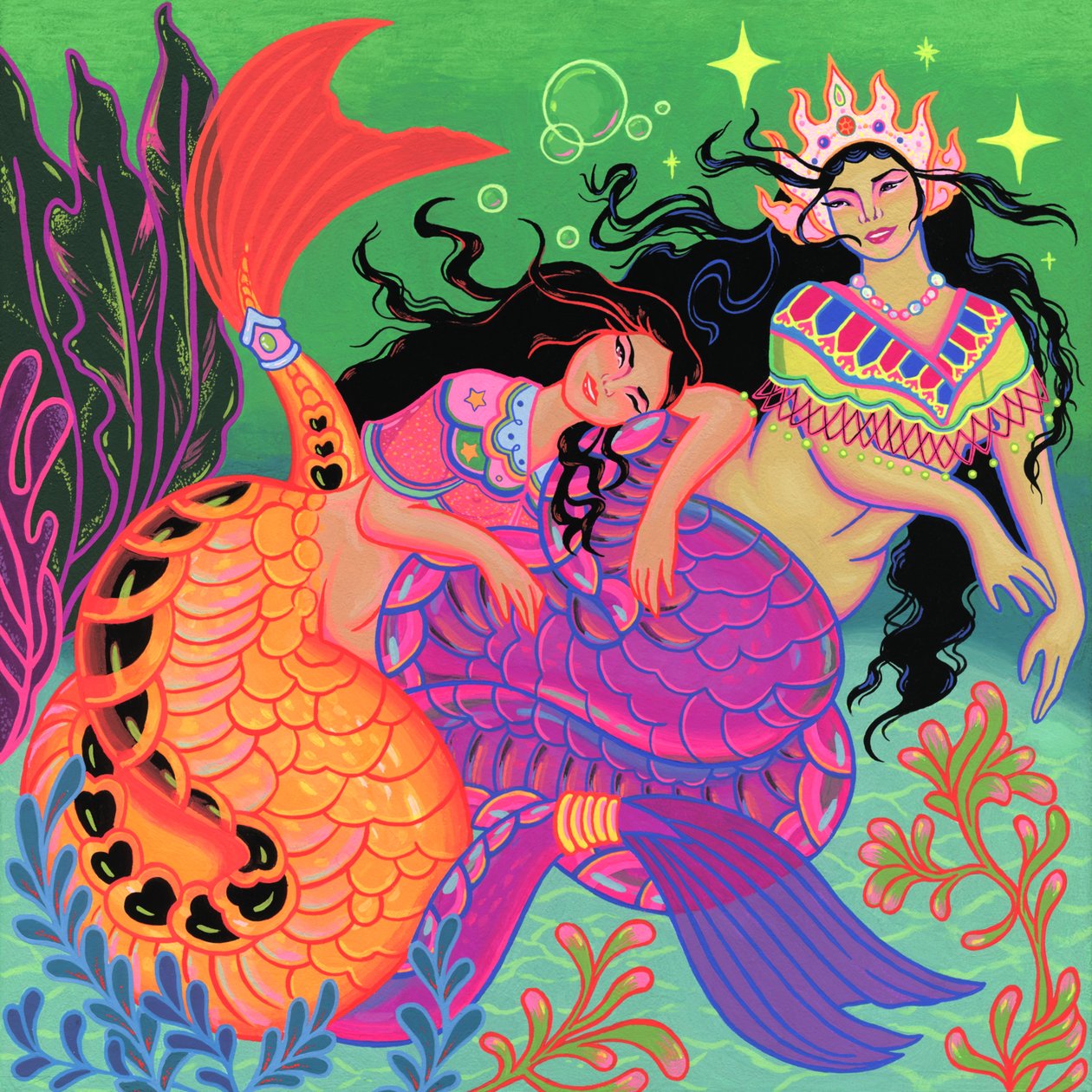 Sapphic Mermaids, 2020 (akryl på panel) af Kam Tsz