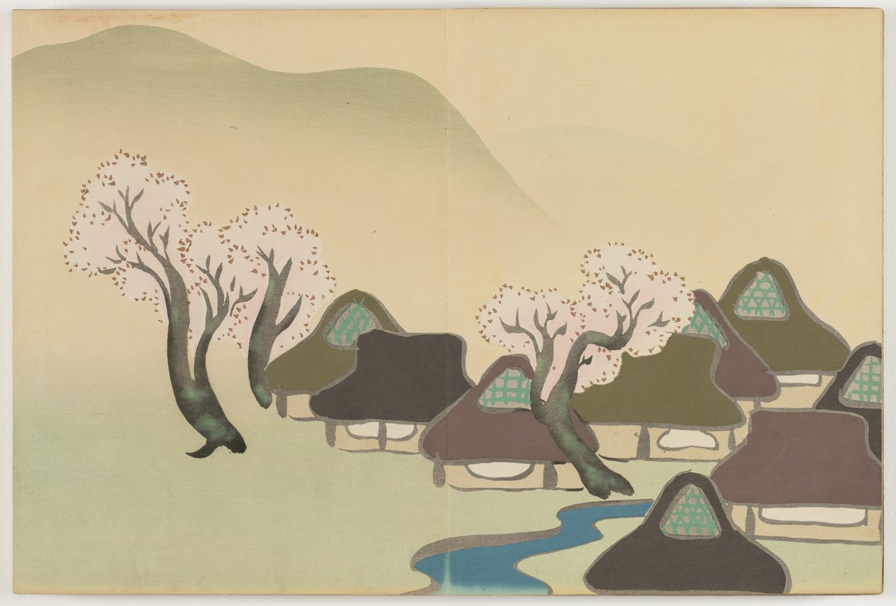 Flowers of a Hundred Worlds (Momoyogusa): Farming Village in Spring (Harudenka) af Kamisaka Sekka