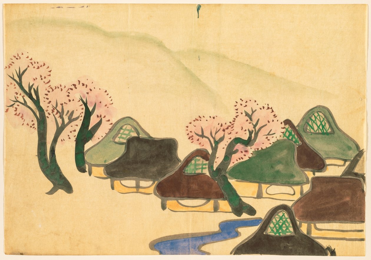Flowers of a Hundred Worlds (Momoyogusa): Farming Village in Spring (Harudenka) af Kamisaka Sekka