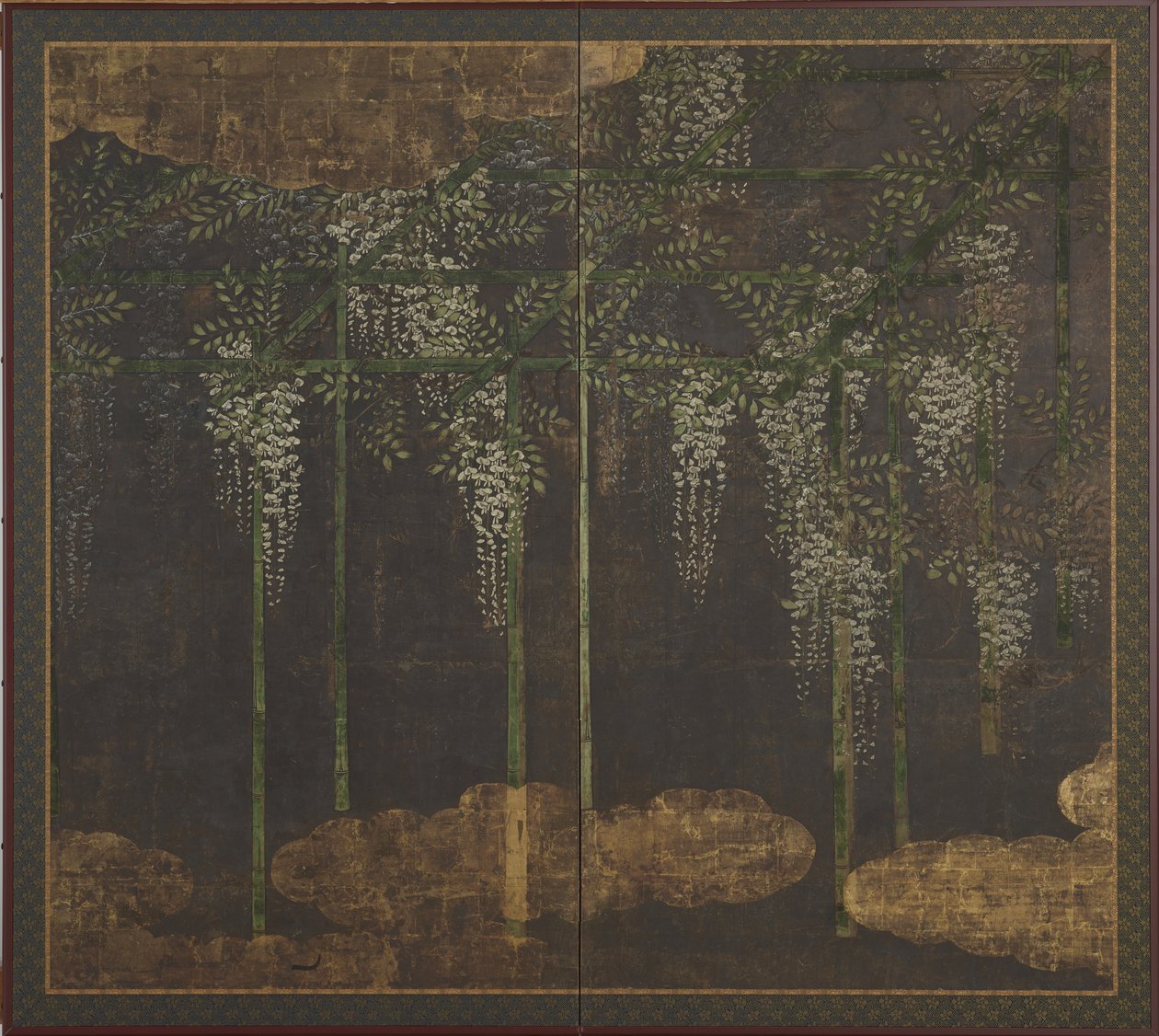 Blomstrende blåregn på et bambusespalier, Screen (to-panel), 16.-17. århundrede (farve, guld og sølv på papir) af Kano Eitoku