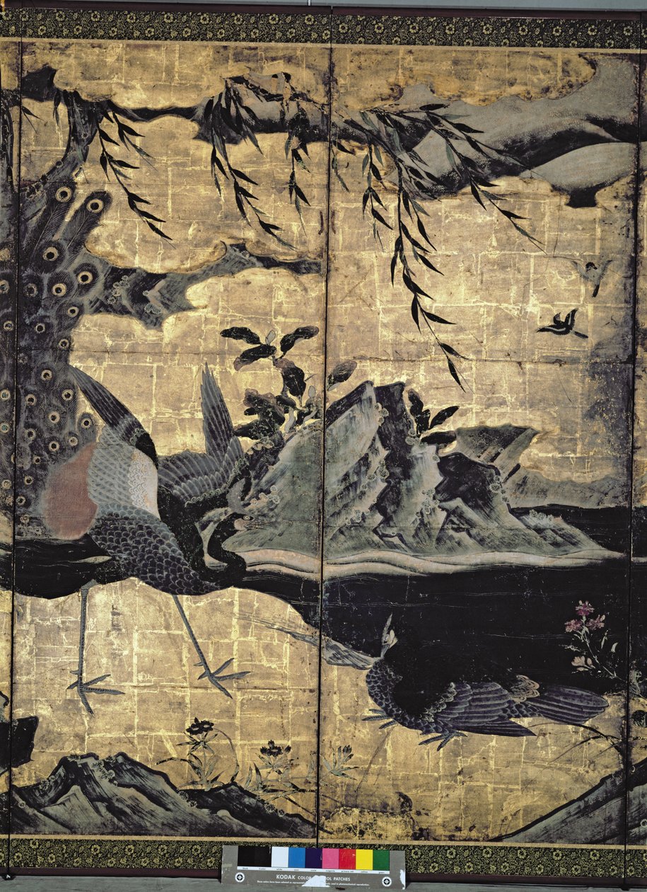 Fugle og blomster fra de fire årstider (pen og blæk, farve, guldpapir på panel) (se 216551, 216553) af Kano Soshu