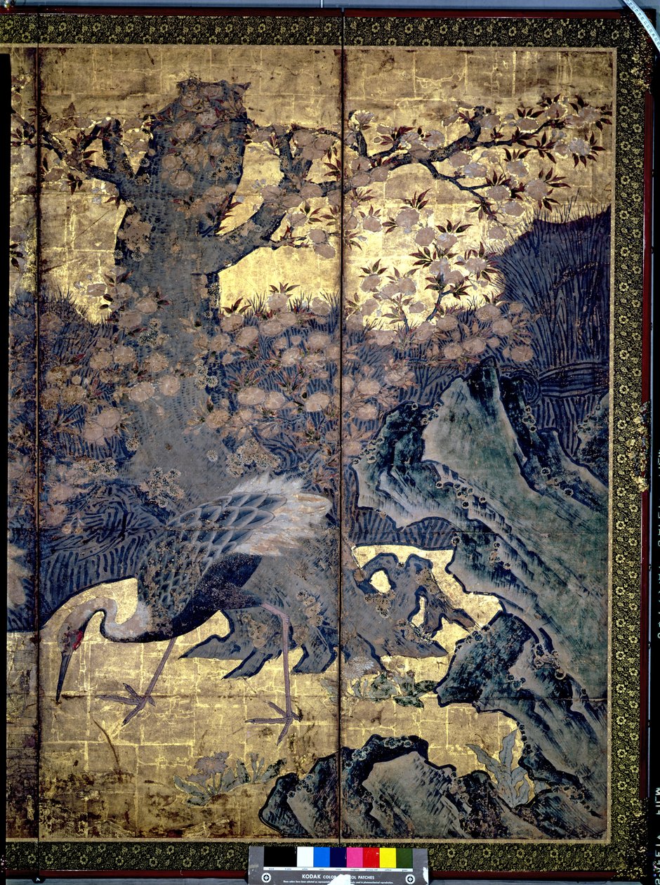 Fugle og blomster fra de fire årstider (pen og blæk, farve, guldpapir på panel) (se 216555, 216554) af Kano Soshu