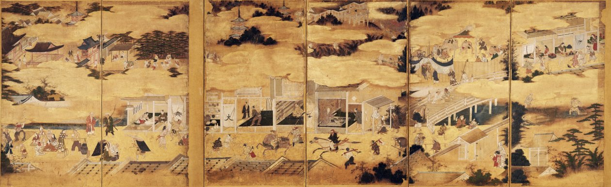 Scener i og omkring hovedstaden, par seksfoldige byobu af Kano Takanobu