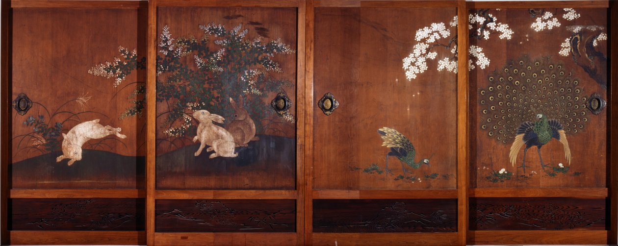 Malerier på træskydedøre, ca. 1700 (blæk og wc på træ) af Kano Tsunenobu