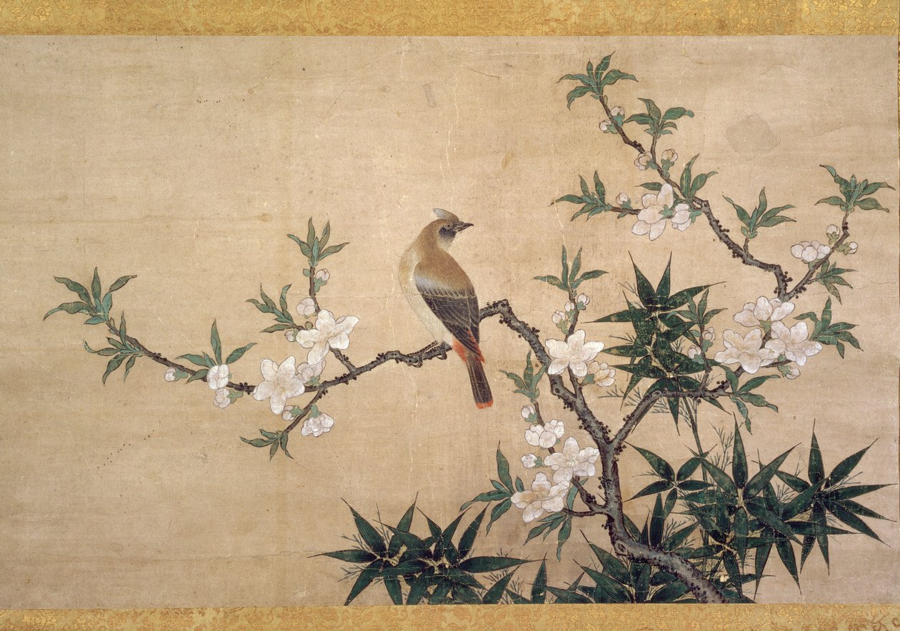 Fugl på ferskenblomst, ca. 1550-60 (akvarel på papir) af Kano Yukinobu
