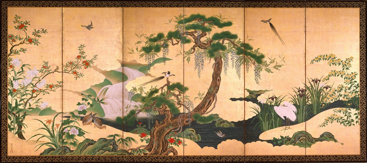 Forårets og sommerens fugle og blomster - Eino, Kano (1631-1697) - Anden halvdel af det 17. årh. - Akvarel og blæk på papir - 153x361 - Suntory Museum of Art af Kano Eino
