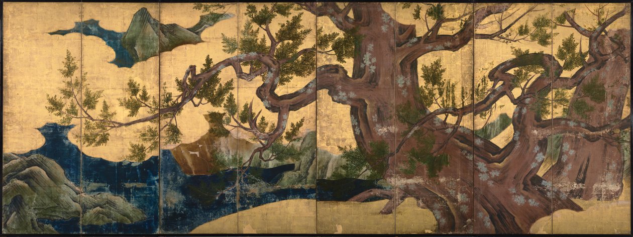 Cypress Tree Eight foldet skærm, 1590 af Kano Eitoku