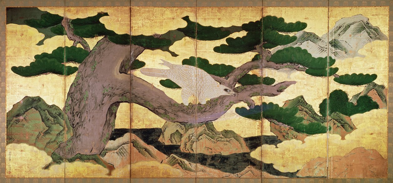 The Hawks in the Pines, foldeskærm med 6 paneler (pen og blæk, farve, guld på panel) (se 216562) af Kano Eitoku