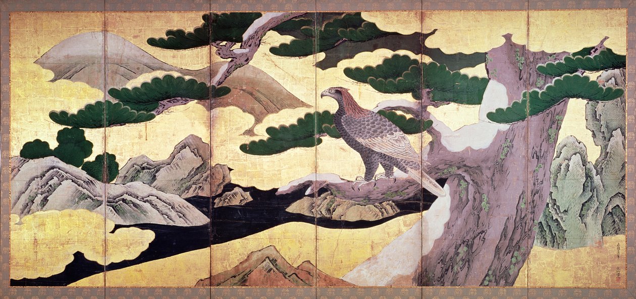 The Hawks in the Pines, foldeskærm med 6 paneler (pen og blæk, farve, guld på panel) (se 216561) af Kano Eitoku