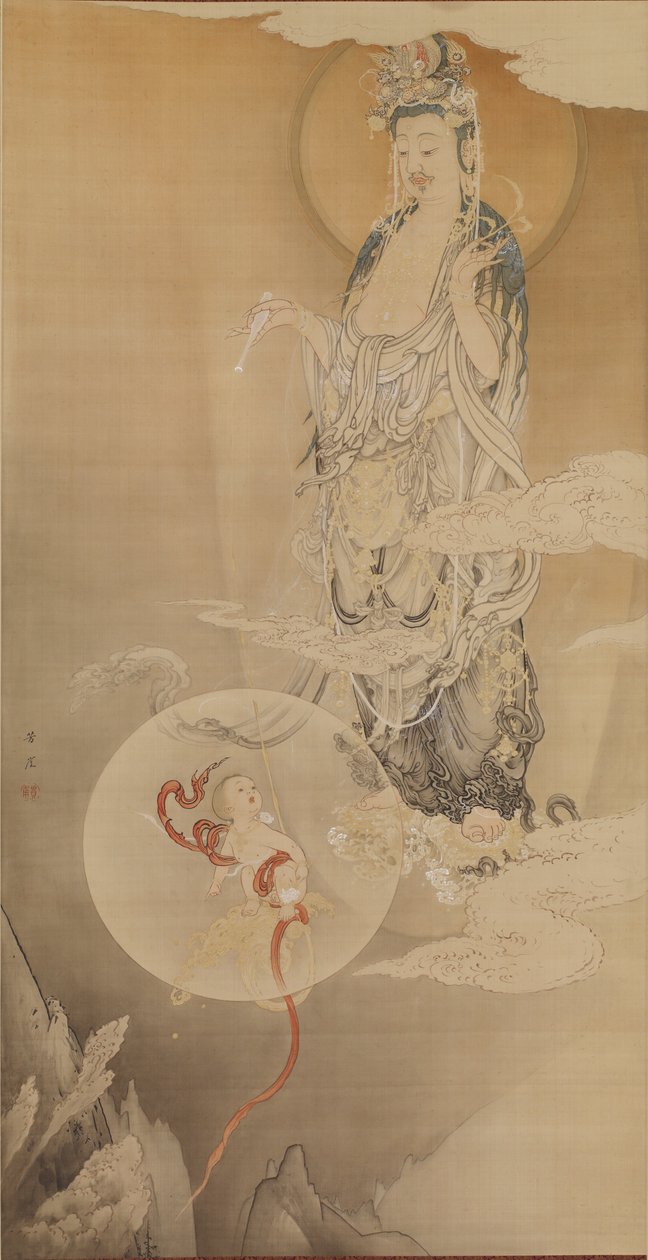 Bodhisattva Kannon, 1883 (blæk, farve og guld på silke) af Kano Hogai