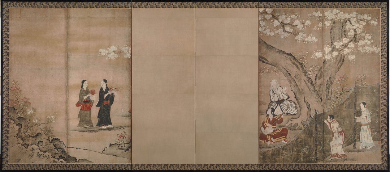 Glædelig under aronia blomster. Til højre for et par seksdelte foldeskærme, 1700-tallet af Kano Isenin Naganobu
