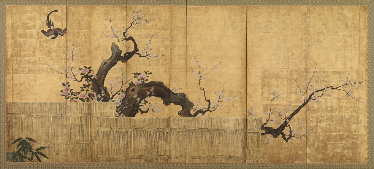 Blomstrende blomme og camellia i et havelandskab, Edo-periode, sent i det 16. århundrede fra det 17. århundrede. af Kano Koi