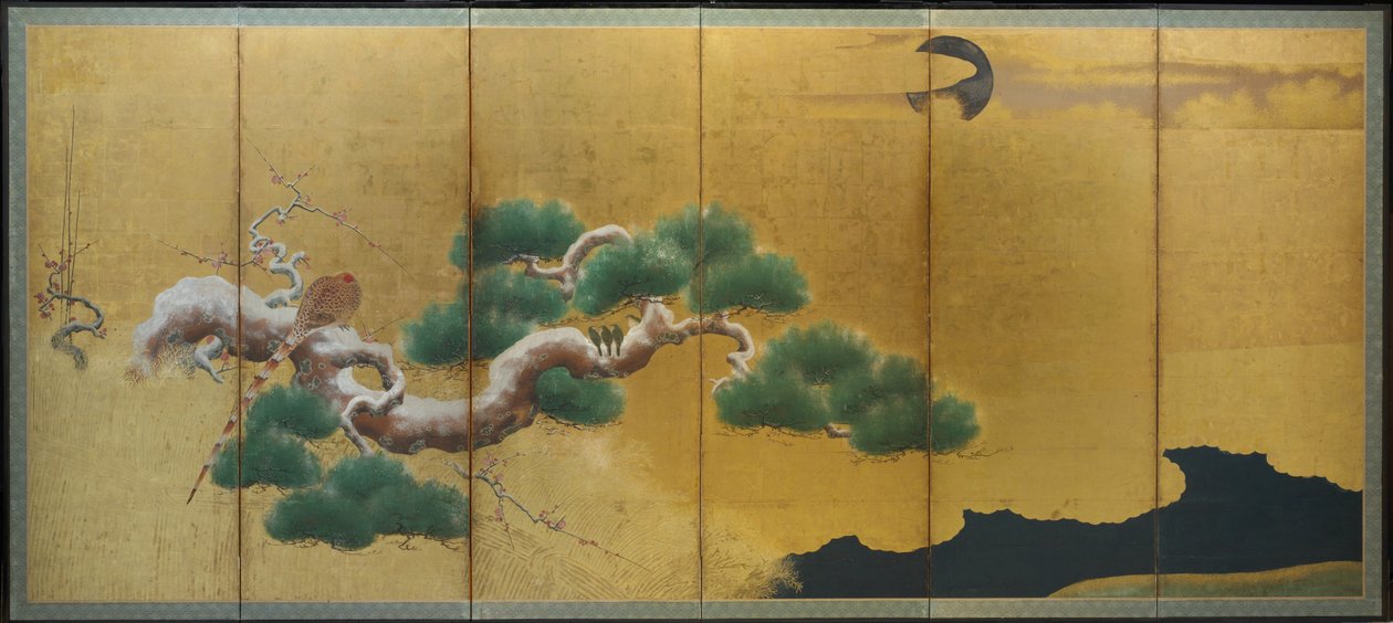 Fasan og fyr, ca. 1626 (blæk, farve og guld på papir) af Kano Koi