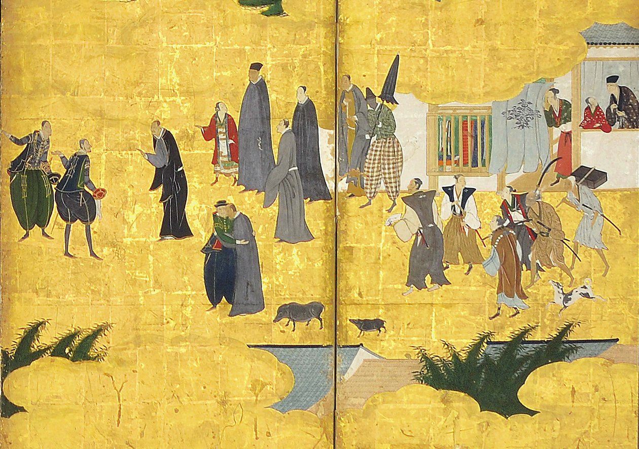 Detalje af Southern Barbarians Come to Trade, et par skærme med seks paneler, tidligt i det 17. århundrede af Kano Naizen