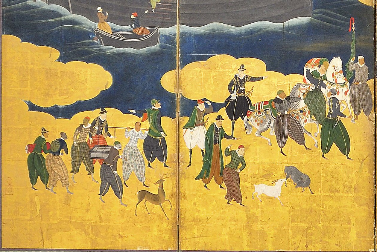 Detalje af Southern Barbarians Come to Trade, et par skærme med seks paneler, tidligt i det 17. århundrede af Kano Naizen