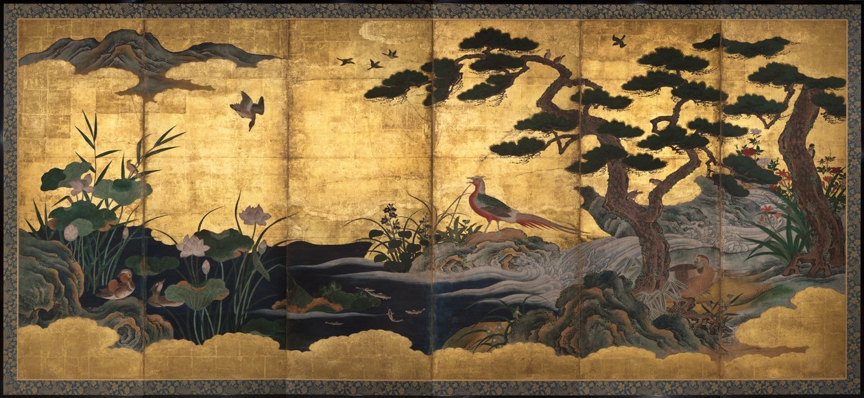Fugle og blomster, slutningen af 1500-tallet (blæk, farve, bladguld og guldpletter på papir) af Kano Shoei (attr.to)