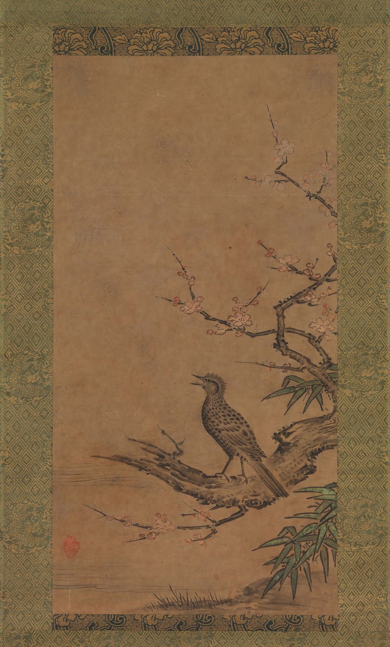 Brunøret Bulbul Hiyodori på en gren af blomme, midten til slutningen af det 16. århundrede. af Kano Shoei