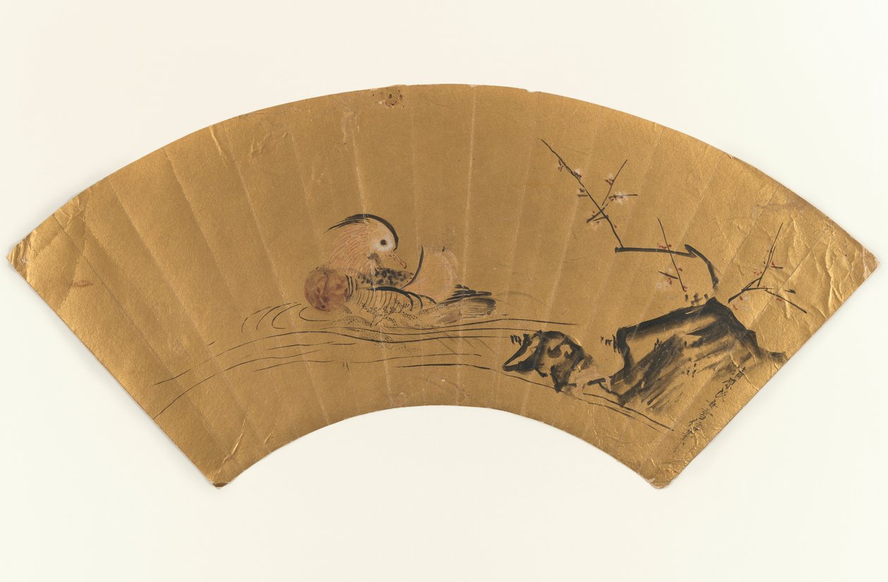 Mandarin and og blomstrende blomme (blæk & farve på bladguld) af Kano Yukinobu