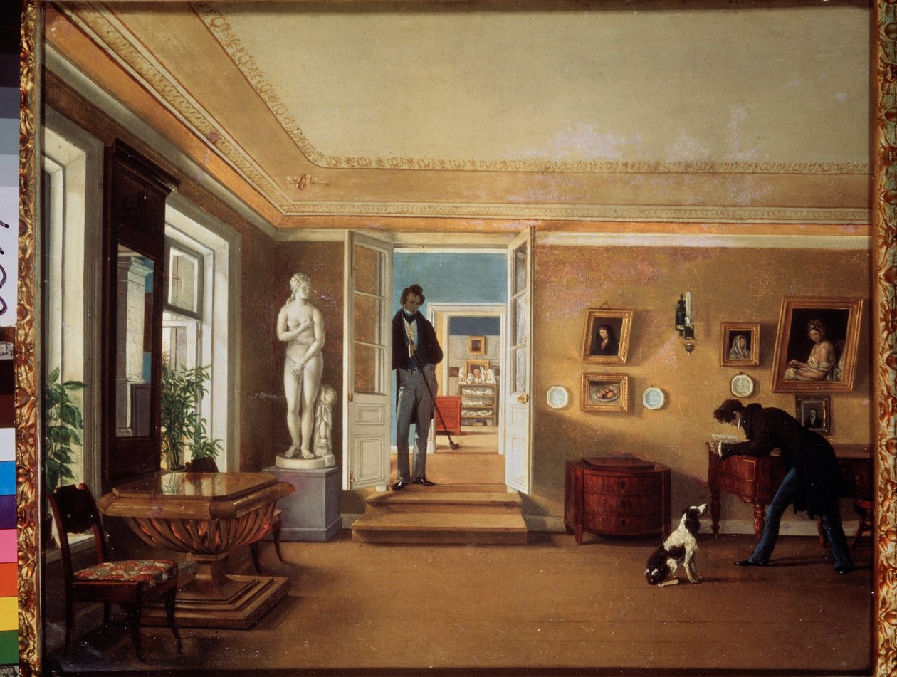 I rummet (En mand leger med en hund, mens en anden observerer dem) - I rummet - Maleri af Kapiton Alexeyevich Zelentsov (1790-1845), olie på lærred - Russisk kunst af Kapiton Alekseevich Zelentsov