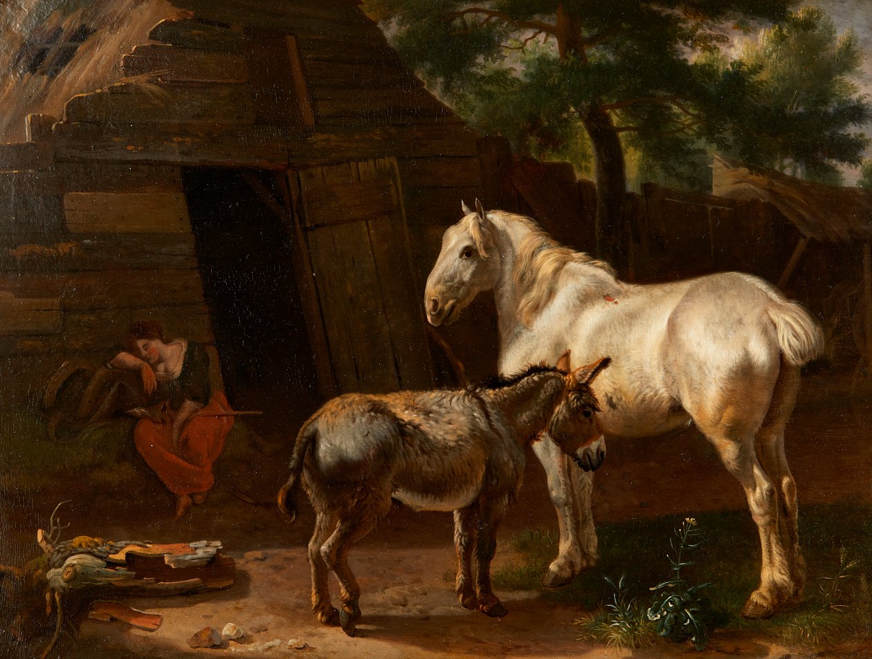 The Sleeping Farm Girl (olie på panel) af Karel (attr.to) Dujardin